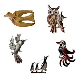 VTG Estate Lot (5) Birds Horned Owl Paradise Penguin Dove Hummingbird Brooches